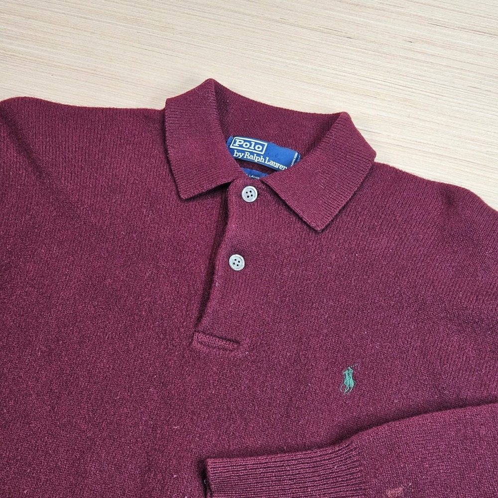 Polo Ralph Lauren Long Sleeve Polo Mens L Burgundy Lambswool READ STAIN HOLE
